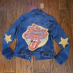Upcycled Handmade Rolling Stones Denim Jacket with Star Accents